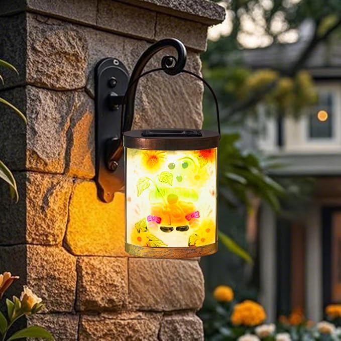 Starsoul 2 Pack Hanging Solar Lantern Outdoor Waterproof Glass Gnome and Sunflowers Decorative Solar Lights for Outside Garden Yard Table Patio Decor