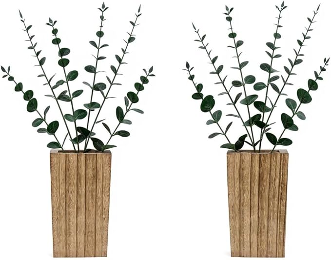2 Pieces Wooden Wall Hanging Plant Pots Vase Contains Artificial Green Plants for Indoor Fake Plants Greenery Flowers, Modern Planters for Bathroom, Living Room, Kitchen Decor, (Wood Color)