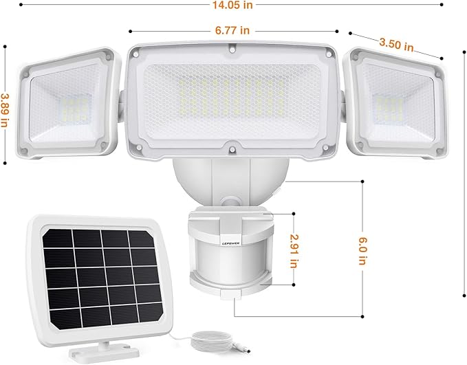 LEPOWER 1600LM LED Solar Security Lights Motion Outdoor, Motion Sensor Light, 5500K White Light, IP65 Waterproof Outdoor Flood Solar Light with 3 Adjustable Head for Yard, Garage(White)