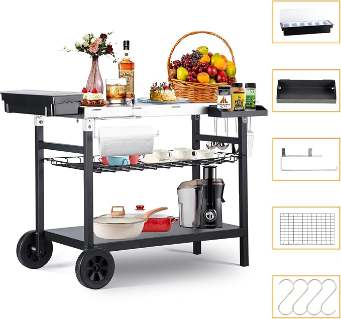 Outdoor Grill Cart, 500lb Dining Cart Table with Three-Shelf, Stainless Steel Rolling Movable Food Prep and Work Table