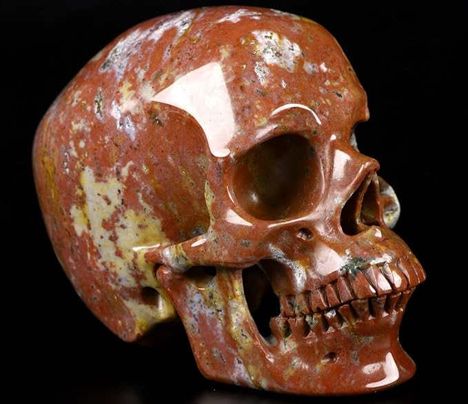 Skullis 5.0" Red Sesame Stone Super Realistic Crystal Skull, Hand Carved Gemstone Fine Art Sculpture, Reiki Healing Stone Statue.1389 Z8