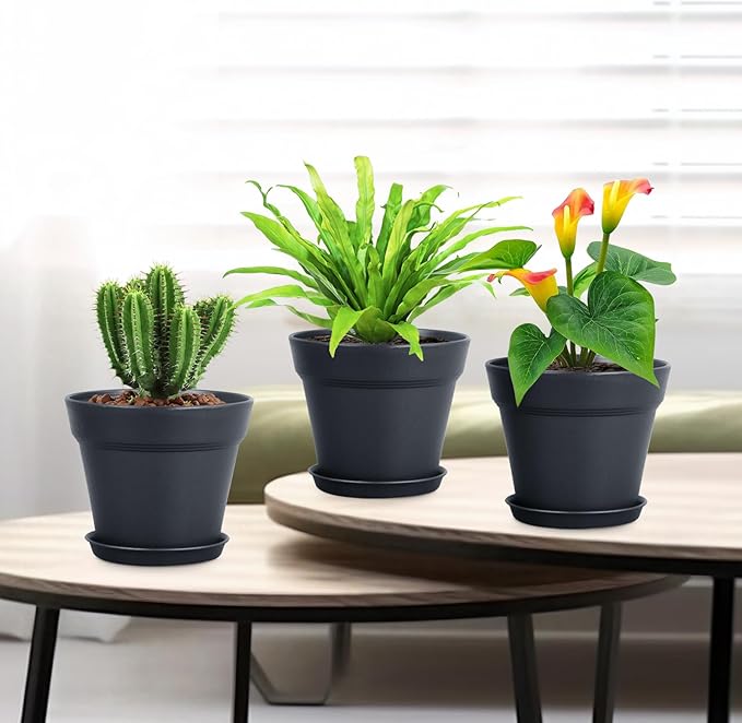 4 inch Small Plastic Nursery Pots, Seedling Pots, 16 Pack Plant Pots for Indoor Outdoor Plants, Flower Pots with Drainage Holes and Saucers, Decorative Planters for House Plants, Black
