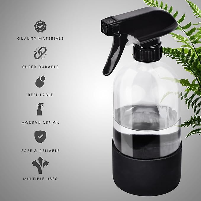 16oz Empty Glass Spray Bottle with Silicone Sleeve Protection - Refillable Containers for Cleaning Solutions, Essential Oils, Misting Plants - Including 2 Sprayers (Clear, 1 PACK)