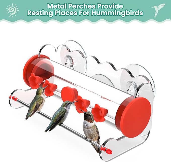 Window Hummingbird Feeder 10oz,4 Feeding Ports with Leak-Proof Design & Ultra Strong Suction Cups,Durable Plastic Bird Feeder Easy to Clean Refill, Outdoor/Indoor Use (Red Flower Top)