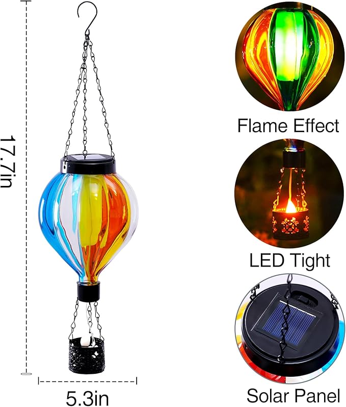 Hot Air Balloon Solar Lantern with Flickering Flame Christmas Gifts for Women Grandma Mom Outdoor Hanging Light Solar Decorative Air Balloon Lamp for Garden Patio Yard and Home (Blue & Yellow)