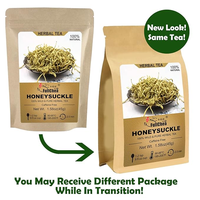 FullChea - 100% Pure Natural Dried Honeysuckle - Jin Yin Hua Honeysuckle Tea - Premium Flower Herbal Tea - 1.58oz/45g