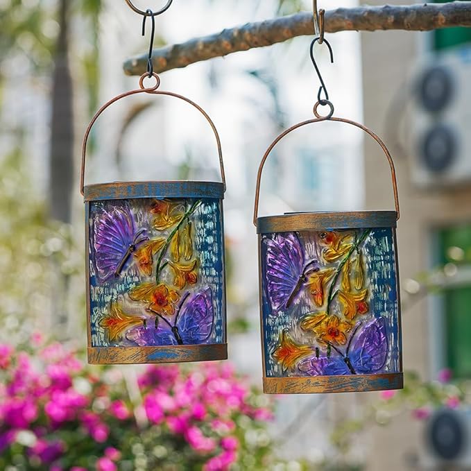 2 Pack Purple Butterfly Hanging Solar Lights for Outside Waterproof Glass Solar Lantern for Tabletop Garden Patio Decor