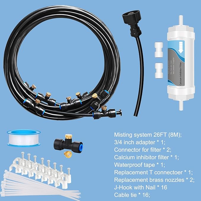 Misting System with Water Filter - Upgraded Signice 26 Ft (8M) Line & 7 Brass Mist Nozzles Outdoor Misters for Patio Cooling Mister Systems Kit for Outside Garden Backyard Greenhouse (Black)