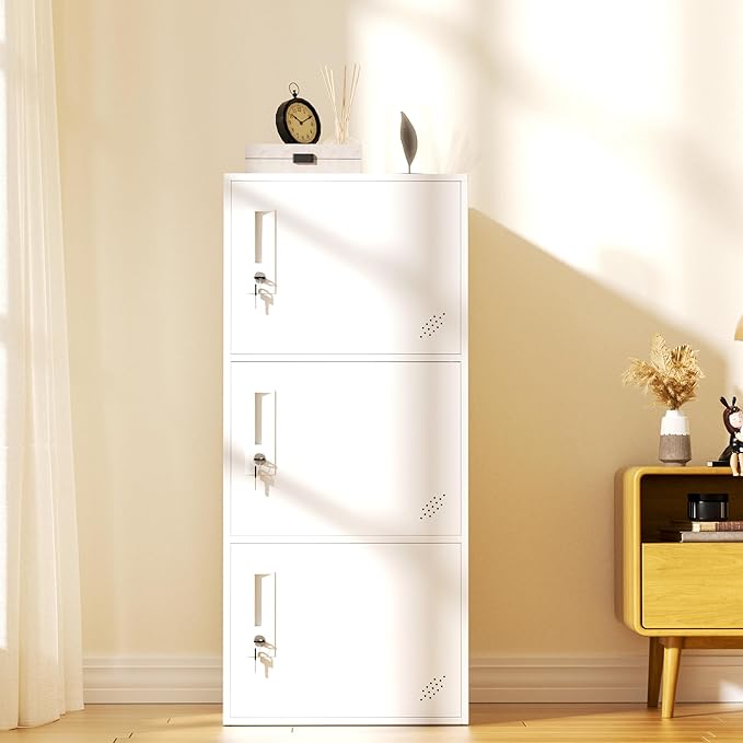 3 Door Vertical Stackable Storage Cabinet with Lock,Anti-Failing Device, Metal Lcoker,Organizer for Office, Home, Gym, School,Employee,Kids. (White)