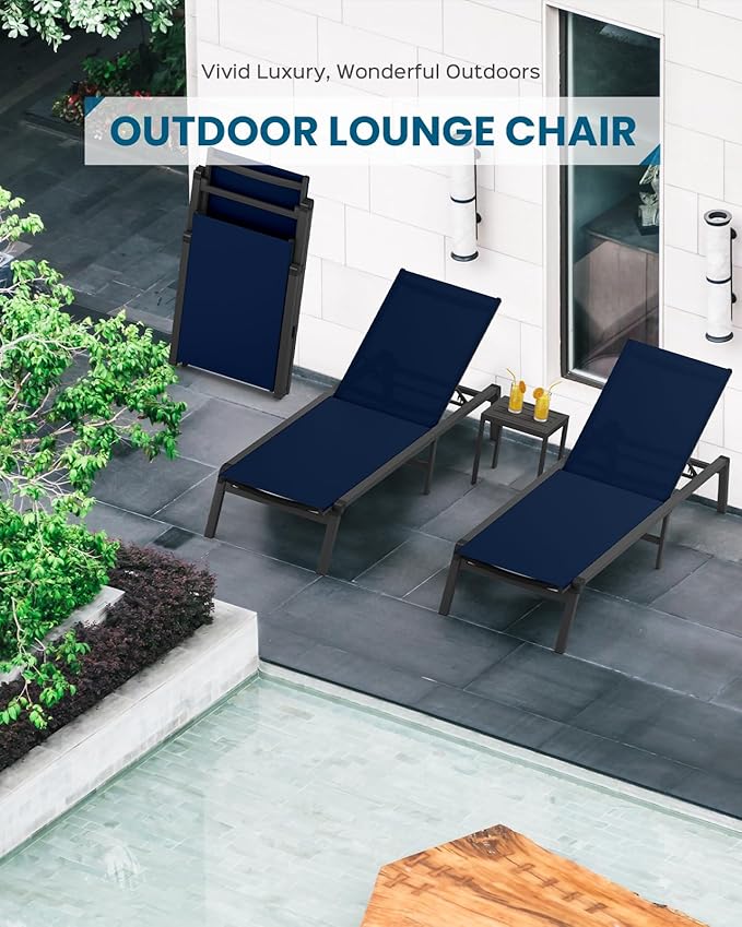 Chaise Lounge Outdoor, Foldable Aluminum Pool Lounge Chairs with 5 Positions Recliner - Free Assembly - Patio Chaise Lounge Chair for Poolside, Beach, Yard (NavyBlue)