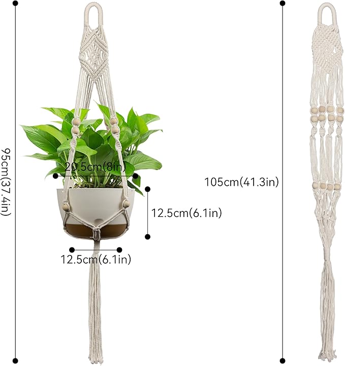 USLAI Macrame Plant Hanger Indoor Outdoor, Up to 4-15 inch Pot, Heavy 20lb Planters, Extra Long Strong Hanging Planter Basket, Boho Home Decor, 41 Inch, Ivory, Set of 2 (POTS NOT Included)