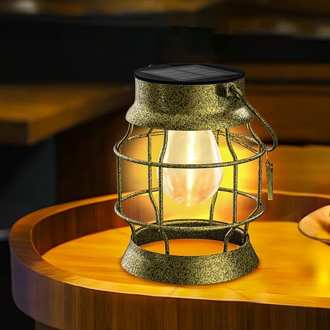 Solar Lantern 2 Pack Solar Outdoor Lights Metal Hanging Lights for Outside Waterproof Retro Design with Edison Bulb Decorative for Patio Porch Fence Garden Lawn