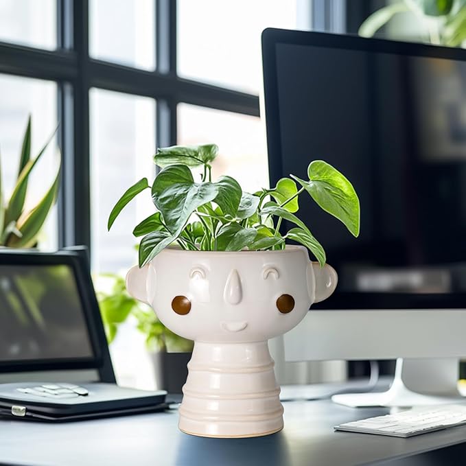 Head Planter for Indoor Plants - 7 Inch Ceramic Face Planter, Cute Succulent Pot with Drainage Hole, Indoor Outdoor Flower Plant Pot, Home Garden Decor, Gift for Plant Lovers, White