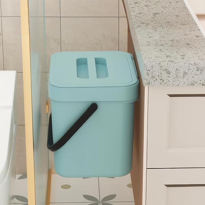 Kitchen Compost Bin - 1.8 Gallons Hanging Trash Can with Lid for Kitchen Cabinet Door, Under Sink, Wall Mounted Waste Bin for Bathroom, 7L(Subtle Blue)