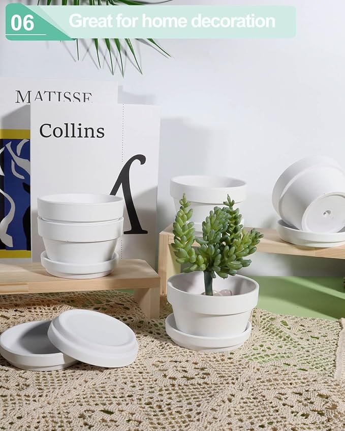 vensovo 3.7 Inch White Terracotta Shallow Succulent Pots - 6 Pack Terra Cotta Clay Pot with Saucer, Cacuts Indoor and Outdoor Planters with Drainage Hole