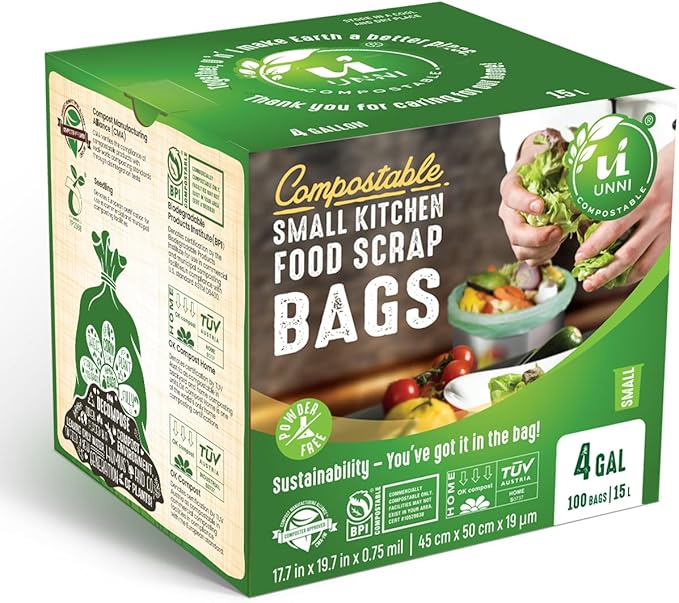 UNNI Compostable Trash Bags, 4 Gallon / 15 Liter, 100 Count, Extra Thick 0.75 mil Small Kitchen Food Scrap Bin Liners, Certified by BPI, CMA & OK compost HOME, Meets the ASTM D6400 Standard
