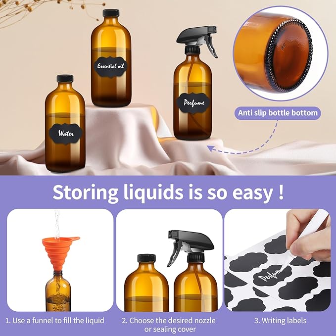 9 Pack Glass Spray Bottle 16oz, Empty Amber Spray Bottle Refillable Container for Essential Oils,Cleaning Products,Aromatherapy spray device