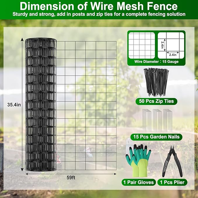 Black PVC Coated Welded Wire Fence 36 Inch x 59 Foot, 2.4" x 2.4" 15GA Garden Wire Fenceing Vinyl Coated Metal Wire Mesh Roll for Yard Vegetable Plant Protection Outdoor Dogs Chicken Poultry Netting