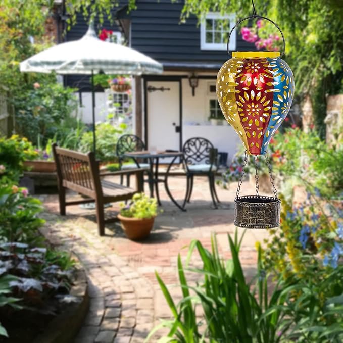 Solar Hot Air Balloon Lantern, Hanging Lanterns Outdoor Waterproof Decorative Metal LED Lantern Solar Lights for Trees Patio Garden Yard Porch Decor, Multi-Color