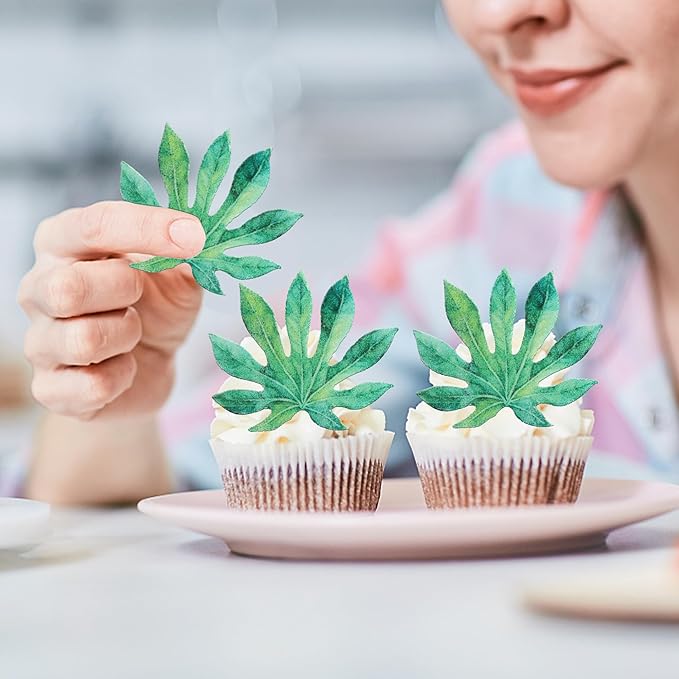 60 PCS Edible Tropical Turtle Leaves Cupcake Toppers Palm Leaves Cupcake Picks Hawaii Luau Party Decorations for Jungle Plant Leaf Summer Tropical Theme Baby Shower Birthday Party Decorations Green