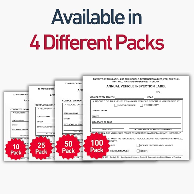 100 Pack Buck Annual Vehicle Inspection Label, 2-Ply Adhesive Vinyl with Mylar Laminate, FMCSA & DOT Compliant, Weatherproof, Tear Resistant, Easy to Write On, 5" x 4" - Made in USA