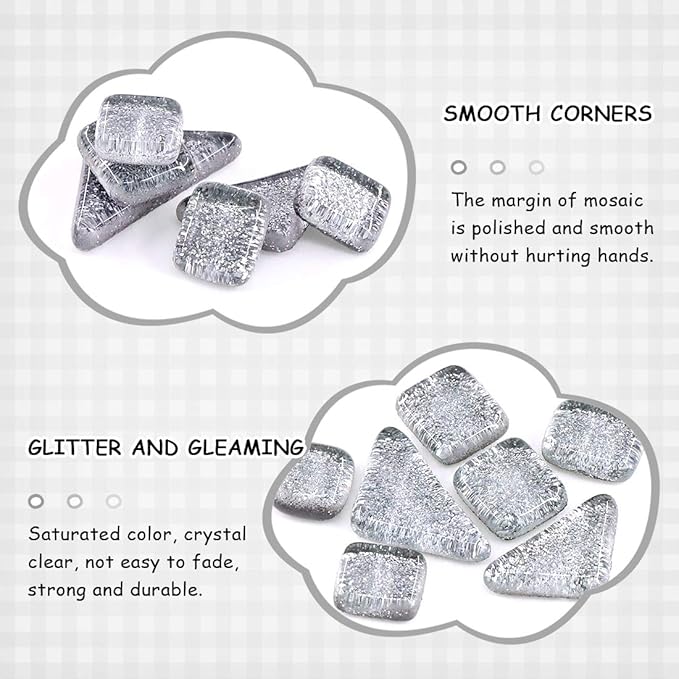 Swpeet 1 Pound Sliver Shine Crystal Series Mosaic Tiles Assortment Kit, Square and Triangle Genuine Mosaic Tiles Glitter Crystal Mosaic Perfect for Home Decoration Crafts Supply