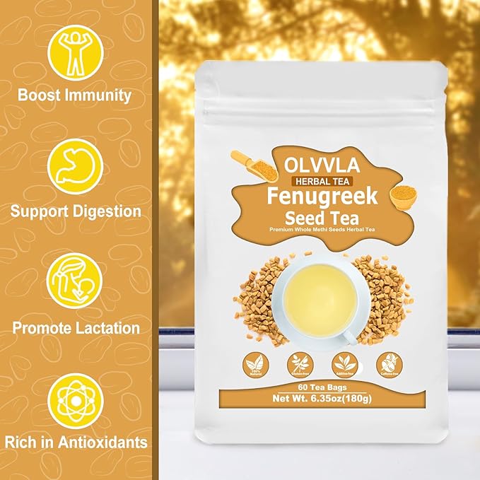 Olvvla - Premium Fenugreek Seed Tea Bags - 3g X 60 Count - 100% Pure Natural Fenugreek Methi Seeds - Non-GMO - Caffeine-free - Gluten-Free - Fenugreek Tea