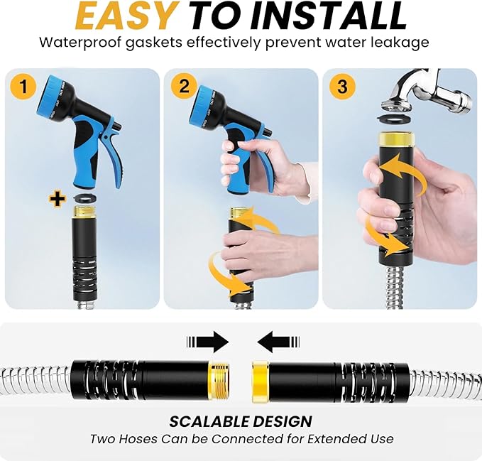 Lefree Garden Hose 75ft, Metal Garden Hose, Stainless Steel Hose with 10-Function Nozzle, Flexible Water Hose, Heavy Duty, Crush Resistant, Leak Proof, No Kinks Garden Hoses for Yard, Outdoors, Rv