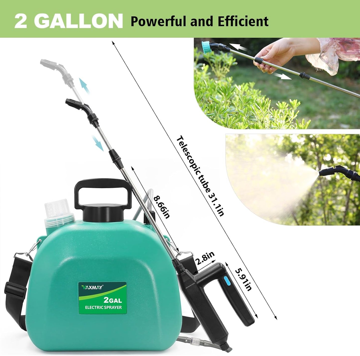 Battery Powered Sprayer 2 Gallon, Upgrade Powerful Electric Garden Sprayer with 3 Mist Nozzles, Rechargeable Handle, Retractable Wand, Adjustable Shoulder Strap for Lawn,Garden,Cleaning