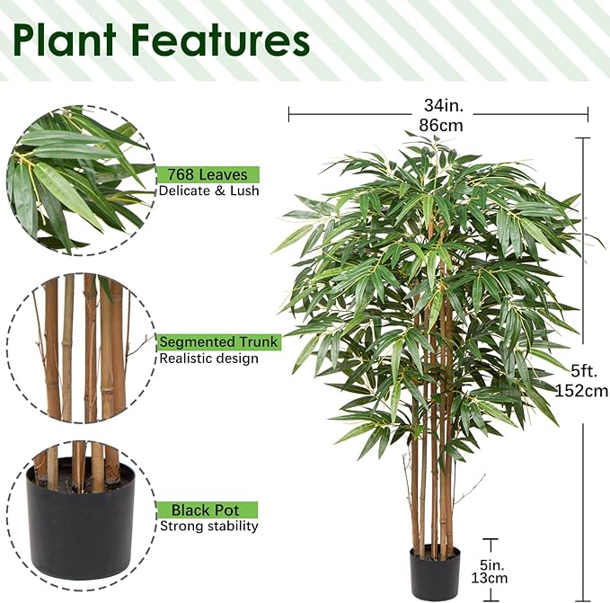 Artificial Bamboo Tree, 5 Feet Tall Decorative Bamboo Plants 60in Bamboo Silk Tree Large Fake Floor Plants for Living Room, Garden, Office Indoor/Outdoor Decor, 2 Pack