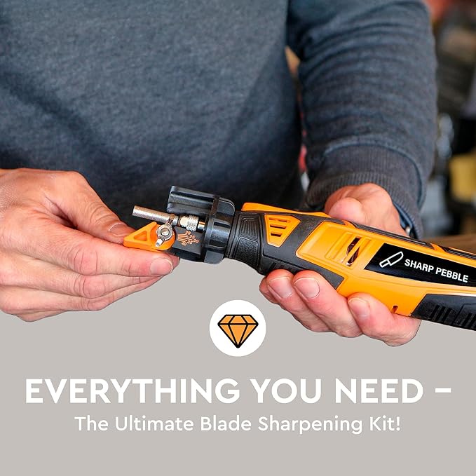 Sharp Pebble Cordless Lawn Mower Blade Sharpener – Adjustable 20°- 40° Angle Guide-Rotary Tool with Replaceable Sharpening Wheel Bits & Fast Rechargeable Battery – Effortless Precision for Lawn Care