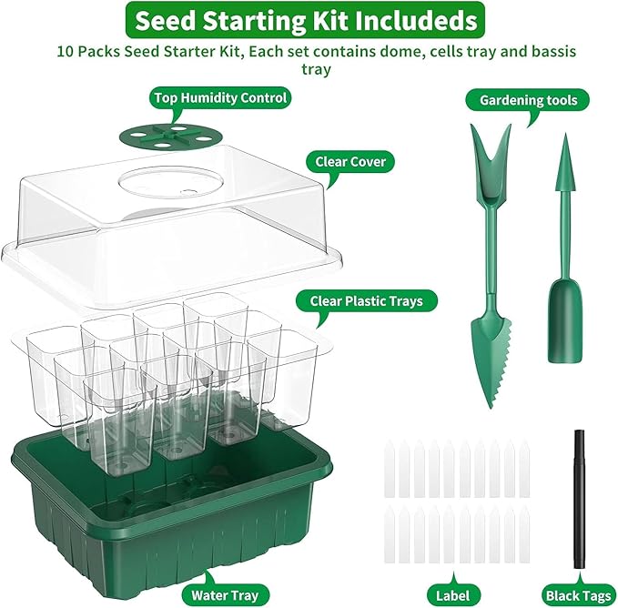 120 Cells Reusable Seed Starter Tray, 10 Pack Seedling Starter Kit for Greenhouse Propagator Station Planting Growing (Green)