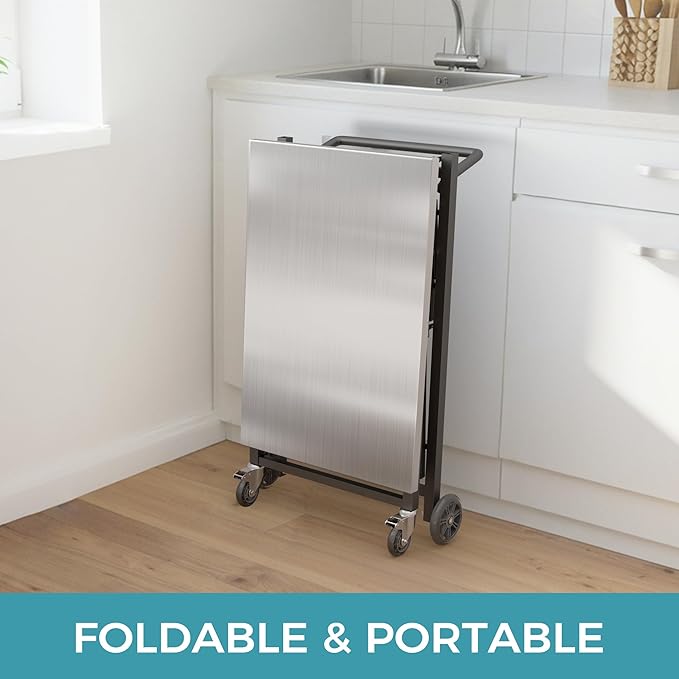 Ciokea Folding Outdoor Grill Cart with Wheels, 3-Shelf Grill Table with 27x18 in Stainless Steel Top, Rolling Pizza Oven Stand, Metal Portable Cart for BBQ Patio Camping (Black)