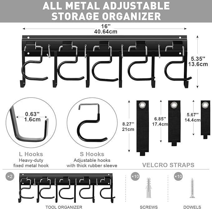 LEYU Metal Garage Tool Organizer Wall Mount, 2 Pack Garden Tool Organizer With Extension Cord Straps, Garage Organization Hooks and Hangers for Shed, Yard Storage, Wall Holder for Hanging Broom Mop