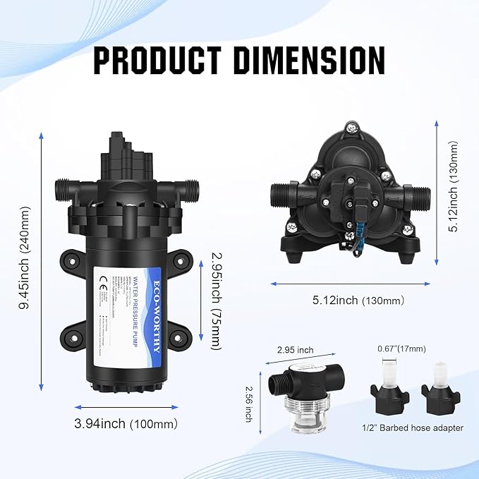 ECO-WORTHY 33-Series Industrial Water Pressure Pump 110V AC 4.0GPM 50PSI RV Fresh Water Diaphragm Pump include Garden Hose Adapters for Irrigation Marine Boat Sprinkler Faucet