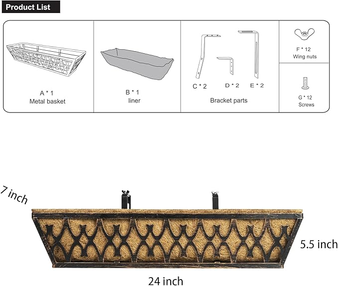 Window Boxes Planters: 2 Pack 24 Inch Railing Planter Box with Adjustable Brackets for Porch Fence Patio Balcony Hanging Flower Baskets with Coco Liners for Outdoor Garden Decor - Bronze