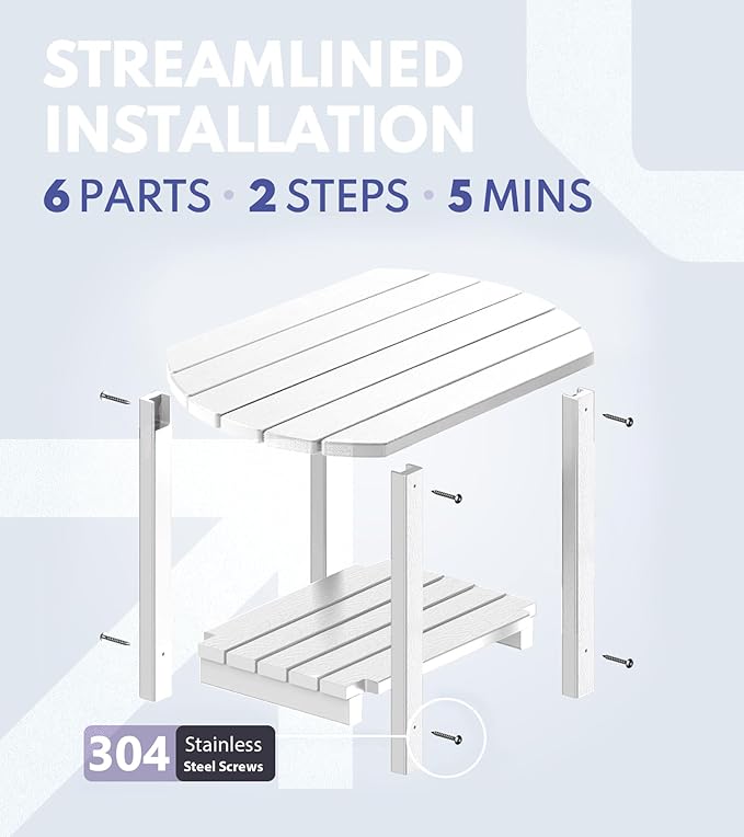 PASAMIC Outdoor Side Table, HDPE Adirondack Oval Side Table with 2-Tier Storage, Weather Resistant Outdoor End Table for Patio, Backyard, Pool, Indoor Companion, Beach, Easy Maintenance Table (White)