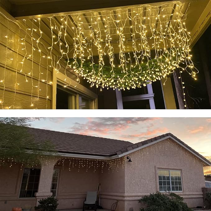 YASENN Bluetooth APP Icicle Lights LED Christmas String Light Icicle Style 300 LED 30ft Fairy Lights 60 Drops Icicle Lights for Indoor Outdoor Decorations(Warm White)