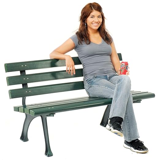 Global Industrial 4'L Outdoor Park Bench with Backrest, Recylced Plastic Slats, Wrought Iron Frame, 1100 lbs Capacity, Green, Surface Mount, Easy Assembly