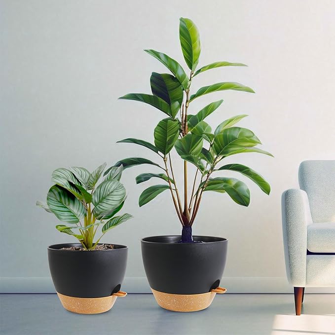 12/10/9 inch Large Self Watering Pots, Planter, Plant Pots with Mesh Drainage Holes for Indoor Outdoor Garden Plants, Plastic Flower Pots with Removable Deep Reservoir, Black with Brown