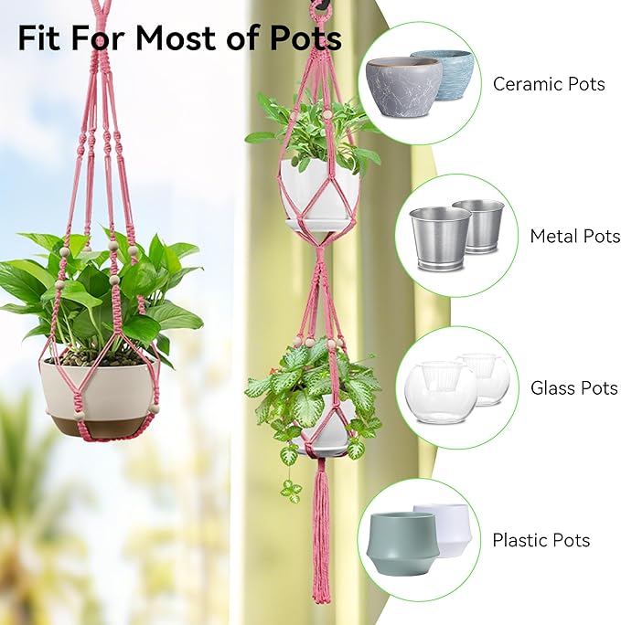 USLAI Macrame Plant Hanger Indoor Outdoor, Up to 4-15 inch Pot, Heavy 20lb Planters, Extra Long Strong Hanging Planter Basket Holder, Boho Home Decor, 35+49 Inch, Pink (POTS NOT Included)