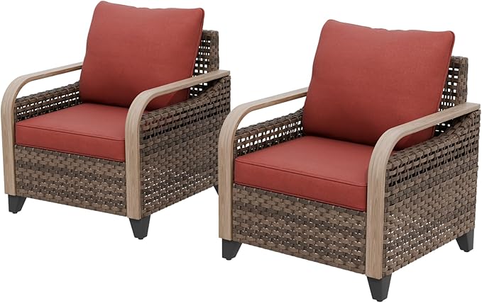 EAGLE PEAK Modern Wicker Outdoor Chair, Patio Chair Curved Armrest, Rattan Patio Furniture for Yard Deck Porch Garden, 2 Chairs, Brown/Red