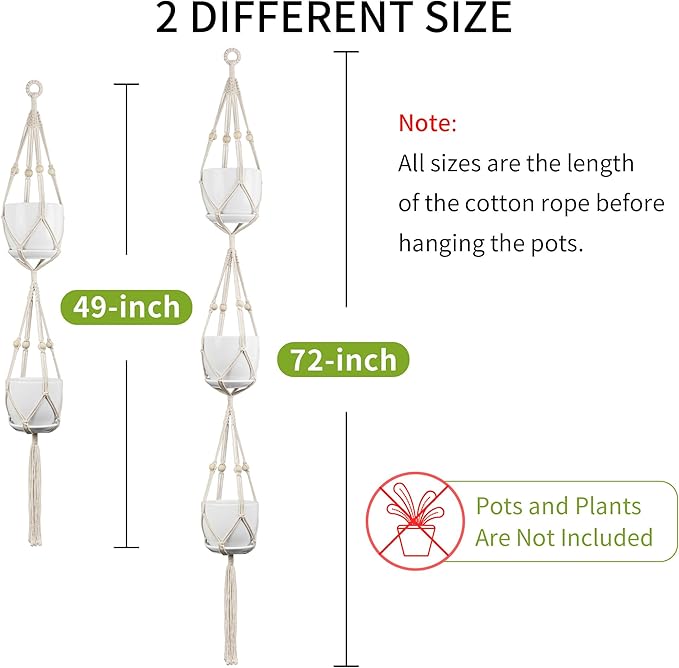 2 Pack Macrame Plant Hanger (49"&72"), Fits 4-8" Pots, 2 Tier+3 Tier Indoor Outdoor Hanging Planter Basket Flower Pot Holder, Boho Home Decor, Ivory (POTS NOT Included)