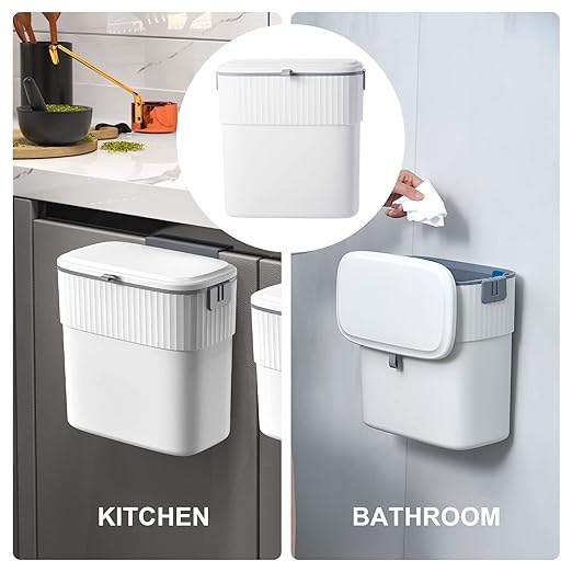 ELPHECO Hanging Trash Can with Lid 2.5 Gallon Kitchen Compost Bin for Under Sink, Plastic Wall-Mounted Garbage Can, Small Kitchen Trash Bin, Small Trash Can with Lid for Cupboard Countertop