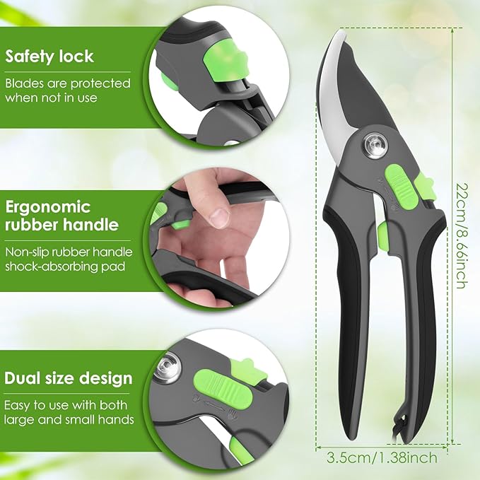 Pruning Shears for Gardening 8.6 inch Steel Garden Clippers with Safety Lock Handheld Gardening Shears Ergonomic Non Slip Plant Clippers Tools for Flowers Branches