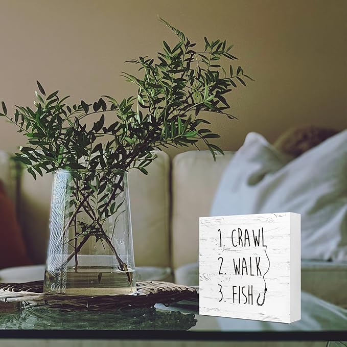 White Crawl Walk Fish Rustic Wooden Sign Desk Decor, Funny Baby Fishing Wood Block Sign for Home Bedroom Baby Room Shelf Table