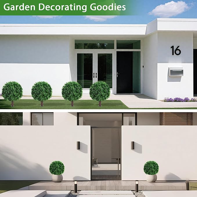 Artificial Boxwood Topiary Ball Tree Set of 2, UV Resistant Artificial Outdoor Shrubs with Spike, Decorative Evergreen Fake Topiary Bushes Plant for Front Porch Garden
