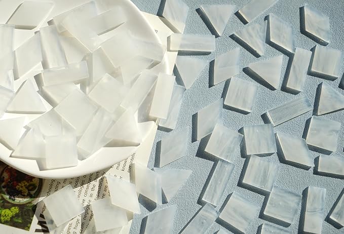 Large Textrued Transparent Glass Mosaic Tiles, 70pcs Stained Glass Pieces Bulk for Mosaic Art, 200g Pre-Cut Mosaic Glass Tiles Kit for Handmade Mosaic Crafts, Clear & White