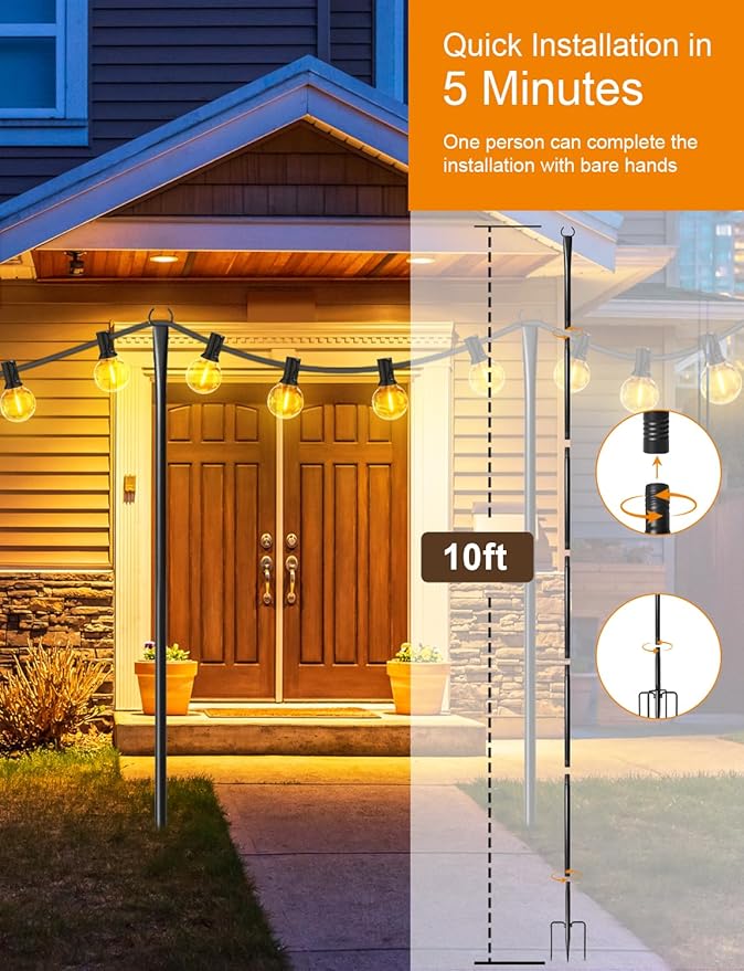 4 Pack String Light Poles for Outside, Thickened Metal Lights Hanger Pole Outdoor with Fork, Lighting Hanging Post Accessories for Patio Decor Garden Backyard Yard Front Porch Outside Decorations