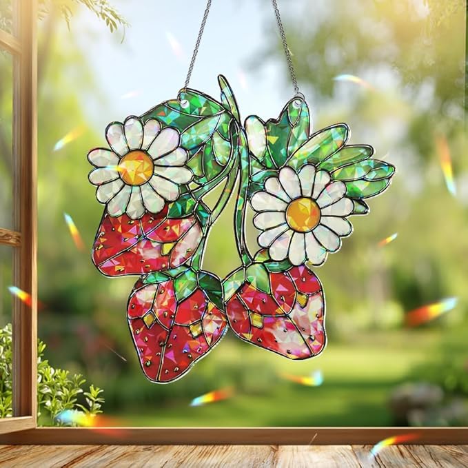 Strawberry Suncatcher – Daisy Flower Window Hanging, Fruit Sun Catchers Indoor Window Ornament for Kitchen and Garden Décor, Plant Gifts for Women, Grandma, Mother's Day, Christmas
